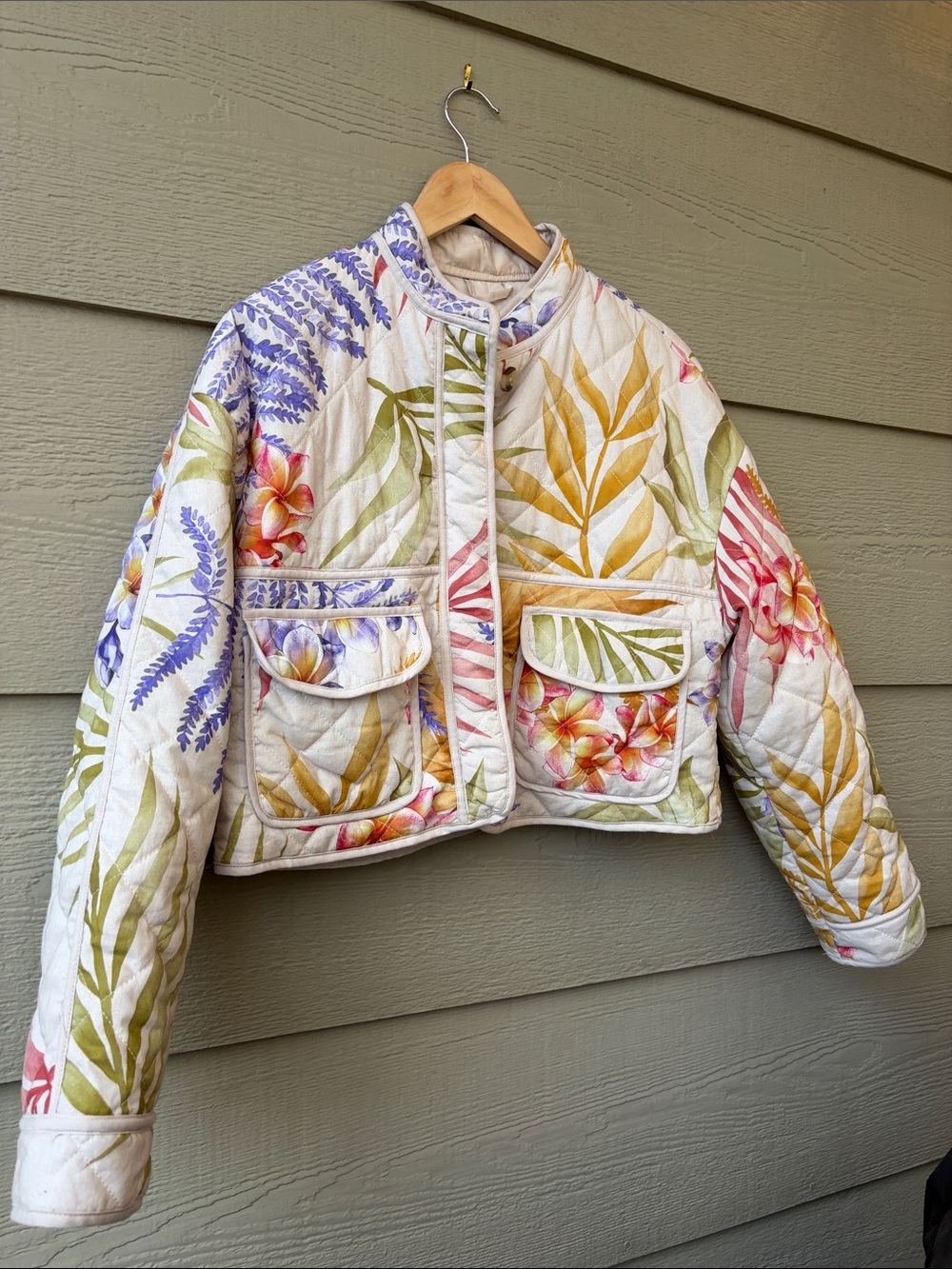 For All Mankind Quilted Crop Jacket Spring Floral Patchwork Print sz Small Art